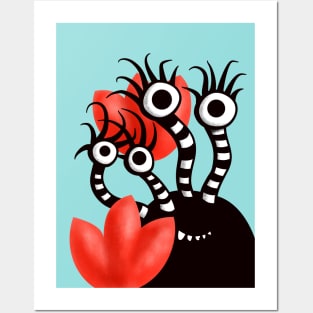 Cute Monster With Four Eyes Abstract Tulips Posters and Art